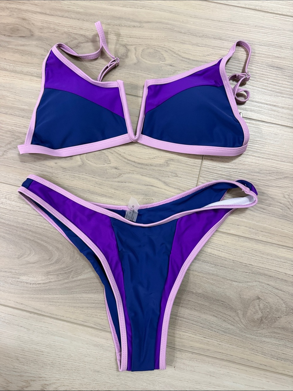 SHEIN Blue and Purple Colorblock Bikini Set with Pink Trim